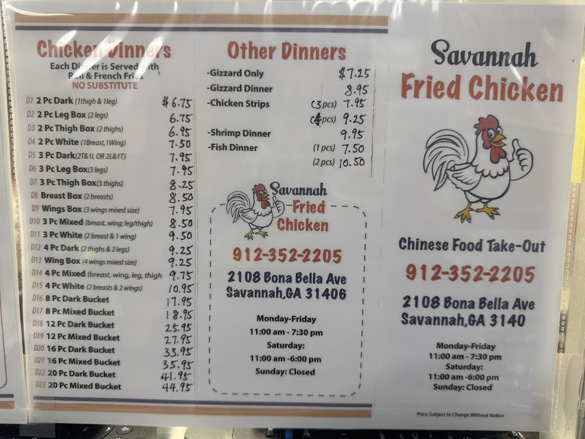 Savannah Fried Chicken Menu - Image 1